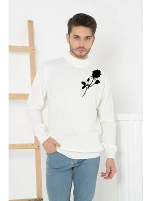 Tarz Yeri Baskılı Yarım Boğazlı Uzun Kol Dokuma Triko - Beyaz