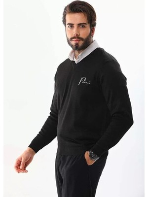 Tarz Yeri Baskılı V Yaka Uzun Kol Dokuma Triko - Siyah