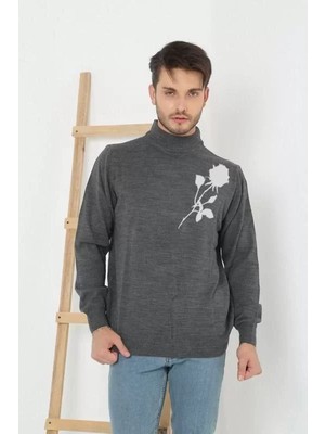 Tarz Yeri Baskılı Yarım Boğazlı Uzun Kol Dokuma Triko - Füme