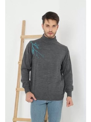 Tarz Yeri Unisex Yarım Boğazlı Baskılı Dokuma Triko - Füme