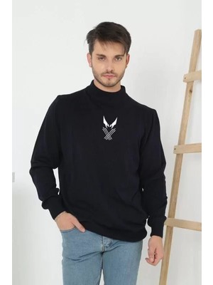 Tarz Yeri Unisex Yarım Boğazlı Baskılı Dokuma Triko - Siyah
