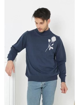 Tarz Yeri Baskılı Yarım Boğazlı Uzun Kol Dokuma Triko - Lacivert