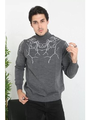 Tarz Yeri Baskılı Tam Boğazlı Uzun Kol Dokuma Triko - Antrasit