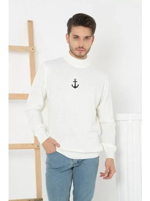 Tarz Yeri Unisex Yarım Boğazlı Baskılı Dokuma Triko - Beyaz