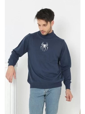 Tarz Yeri Baskılı Yarım Boğazlı Uzun Kol Dokuma Triko - Indigo