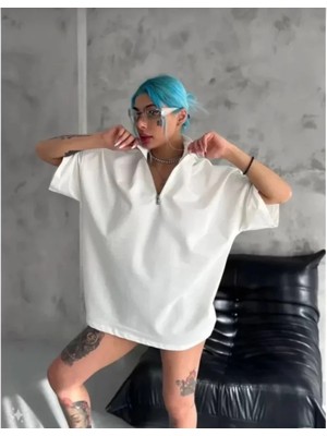 Unisex Yarım Fermuarlı Düz Oversize T-Shirt - Beyaz