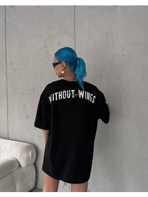 Unisex Bisiklet Yaka Baskılı Oversize T-Shirt - Siyah