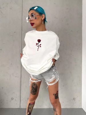 Unisex Bisiklet Yaka Baskılı Oversize T-Shirt - Beyaz