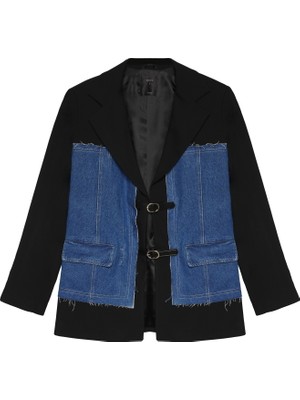 Kemer Aksesuarlı Denim Match Blazer Ceket Siyah