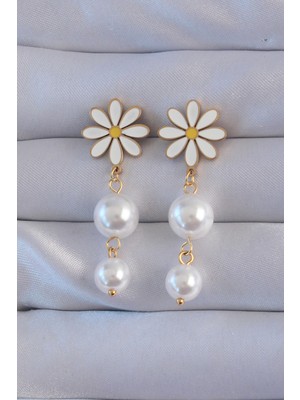 Clariss 316L Çelik Gold Renk Inci Taşlı Papatya Model Sallantılı Küpe