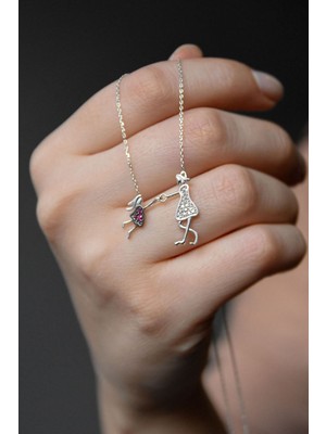 Mediterian Kadın ve kız çocuklar için şık rodyum kaplama gümüş kolye, zarif tasarım, pembe renk