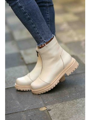 En Cici Moda (Island) Bej Gerçek Deri Fermuar Detaylı Ortopedik Iç Tabanlı Kaymaz Taban Bot