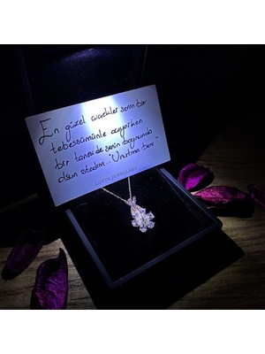 Mediterian Işıklı Gümüş Unutma Beni Çiçeği Kolye, Kutulu, 925 Ayar, Zirkon taş, Şık tasarım