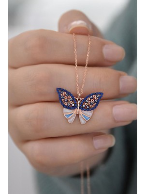 Mediterian Lacivert taşlı 925 ayar gümüş kelebek kolye, şık ve zarif tasarım