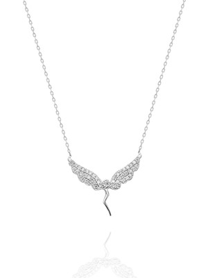 Mediterian 925 Ayar Gümüş Melek Kolye, Rodyum Kaplama, Zirkon Taşlı, Kadın Takısı