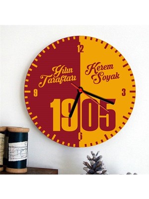 Woodhub Kişiye Özel Yılın Taraftarı Ahşap Duvar Saati - Sarı Kırmızı