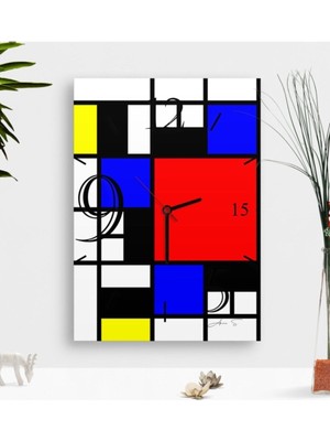 Woodhub Kişiye Özel Mondrian Ahşap Tablo Duvar Saati-4