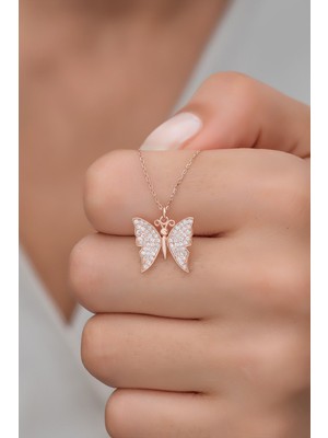 Mediterian Pembe zirkon taşlı ince gümüş kelebek kolye, zarif ve şık tasarım
