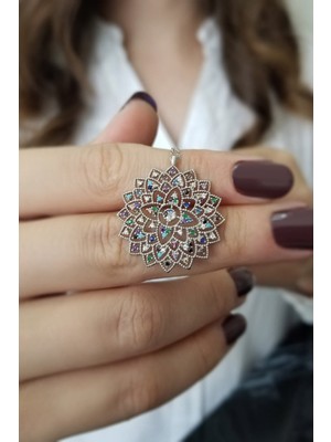 Mediterian Mavi Kadın Yaşam Çiçeği Madalyon Kolye, 925 Ayar, Zirkon Taşlı, Şık Takı