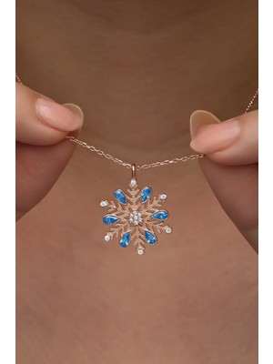 Mediterian 925 Ayar Gümüş Rose Kaplama Mavi Aquamarin Taşlı Zarif Kolye