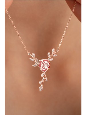 Mediterian 925 Ayar Gümüş Kırmızı Mineli Gül Kolye, Zarif ve Şık Takı