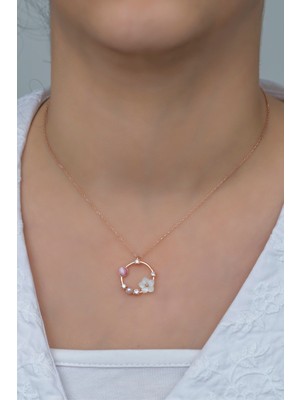 Mediterian 925 Ayar Gümüş Pembe Taşlı Daire ve Manolya Çiçeği Kolye