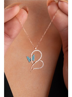 Mediterian 925 Ayar Gümüş Mavi Kelebek ve Kalp Tasarım Kolye