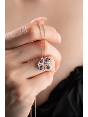 Mediterian Mavi Zirkon Taşlı 4 Kalpli Yonca Gümüş Kolye