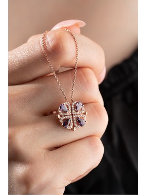 Mediterian Mor zirkon taşlı 4 kalpli yonca gümüş kolye, şık ve zarif takı koleksiyonu