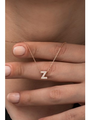 Mediterian 925 Ayar Rose Gold Z Harfi Kolye, 3D Taşlı, Kadın Takısı, Pembe Renk