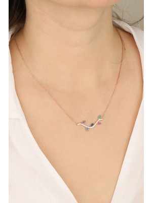 Mediterian Rose renkli, zarif gümüş kolye, 925 ayar, zirkon taş, doğal ağaç dalı tasarımı