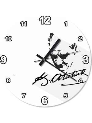 Woodhub 50  cm  Çap Siyah Beyaz Atatürk Imza  Özel Tasarım Duvar Saati