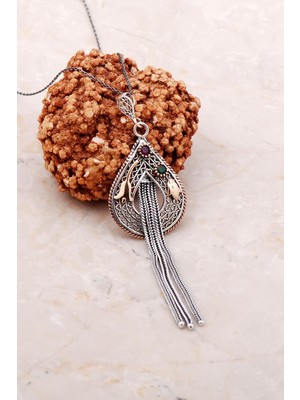 Mediterian Renkli Telkari İşlemeli Sallantılı Gümüş Kolye, Doğal Taş, 925 Ayar, Beyaz