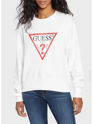 Guess Bisiklet Yaka Desenli Beyaz Kadın Sweatshırt Cn Orıgınal Fleece - Org Cott/poly