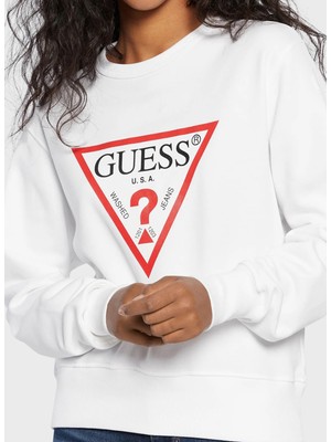 Guess Bisiklet Yaka Desenli Beyaz Kadın Sweatshırt Cn Orıgınal Fleece - Org Cott/poly