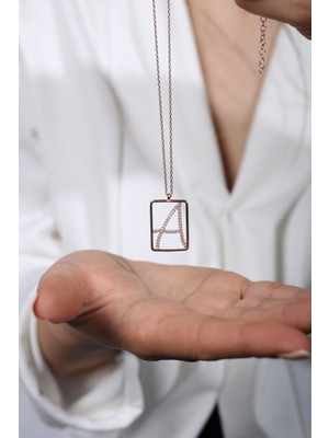 Mediterian 925 Ayar Pembe Zirkon Taşlı Dikdörtgen Gümüş Kolye - A Harfi