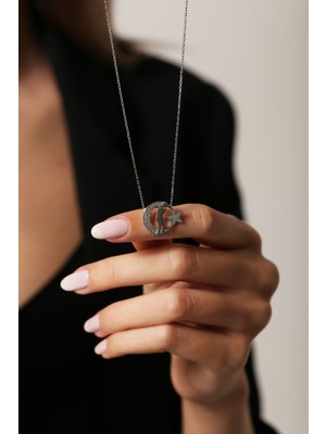 Mediterian 925 Ayar Gümüş Ay Yıldız Kolye, Zarif Takı, Zirkon Taş, Beyaz Renk