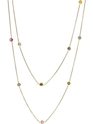 Mediterian Renkli zirkon taşlı 100 cm uzun şık ve parlak kolye, doğal taş, 925 ayar altın uyumu