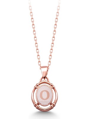 Mediterian 925 Ayar Rose Kaplamalı Beyaz Mineli O Harfi Gümüş Kolye, Zirkon Taşlı, Pembe Renk