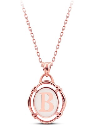 Mediterian 925 Ayar Rose Kaplamalı Beyaz Mineli B Harfi Gümüş Kolye, Zirkon Taşlı, Şık ve Zarif Tasarım