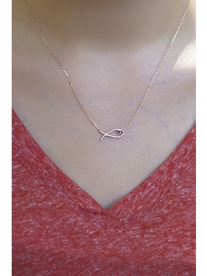 Mediterian 925 Ayar Gümüş Balık Kolye, Siyah Taşlı ve Pembe Rose Kaplama