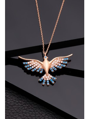 Mediterian Gümüş Firuze ve Zümrüt Renkli Anka Kolye, Rose Altın Detaylı, Şık ve Zarif Takı