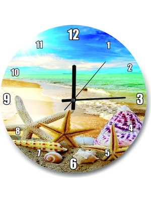 Woodhub Kumsalda Denizyıldızı Ve Deniz Kabukları Duvar Saati (Çap 30 x 30  cm )