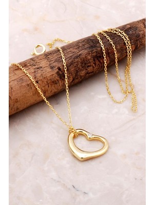 Mediterian İnce Kalp Gümüş Kolye, Doğal Taş, Parlak Yaldız Detay, Şık Takı Seçeneği, 925 Ayar