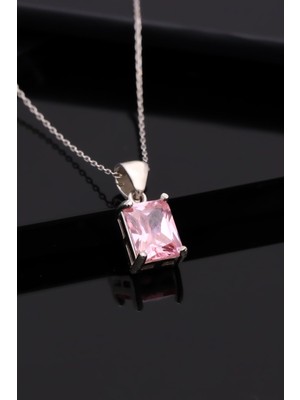 Mediterian 925 Ayar Gümüş Pembe Baget Taşlı Zarif Kolye Hediye