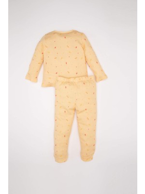 DeFacto Kız Bebek Pijama Takımı Yiyecek Baskılı Waffle Uzun Kollu Üst Uzun Alt D3615A524WN