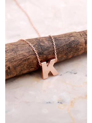 Mediterian K Harfi Rose Gümüş Kolye, Zarif ve Şık Takı, 925 Ayar, Doğal Taş, Pembe Renk