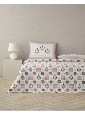 Floral Grid Pamuklu Çift Kişilik Nevresim Seti Gül Kurusu