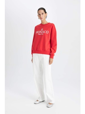 DeFacto Relax Fit Bisiklet Yaka Baskılı Kalın Kırmızı Sweatshirt D6715AX24WN