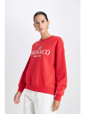 DeFacto Relax Fit Bisiklet Yaka Baskılı Kalın Kırmızı Sweatshirt D6715AX24WN